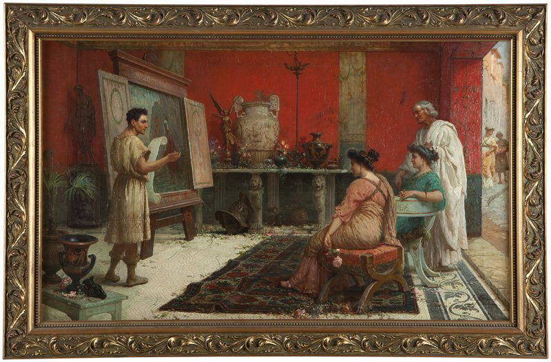 Ettore Forti (1850-1940 Italian): Figure telling the myth of Perseus and Andromeda, signed and inscribed lower right: E. Forti / Roma, oil on canvas laid to board, 23.75'' H x 39.25'' W, est: $30,000/50,000 Provenance: through descent