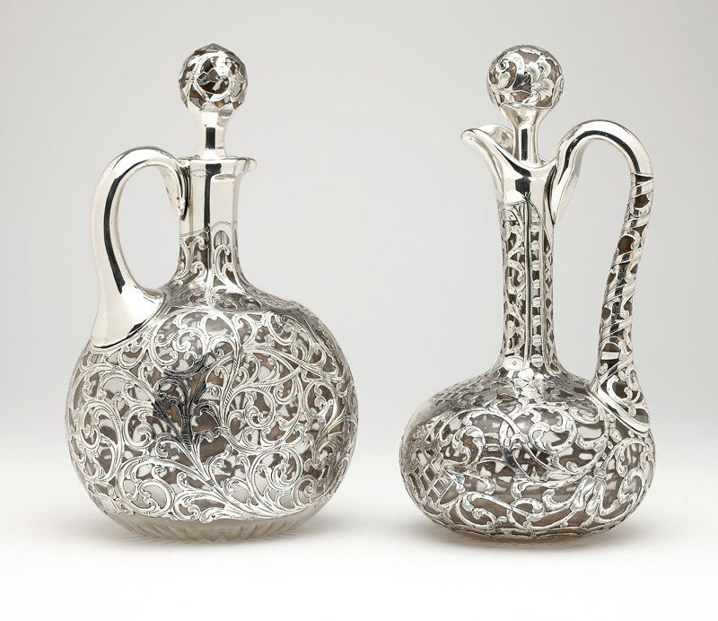 2 American .999 silver-overlaid clear glass ewers (1 of 3)
