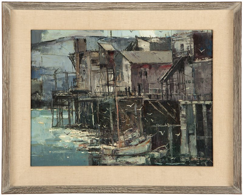 Joshua Meador (1911-1965 Los Angeles, CA): Bay frontage, signed lower right: Joshua Meador, signed again and inscribed verso, oil on canvas, 18'' H x 24'' W, est: $500/700 Provenance: Private Collection, Burbank, CA