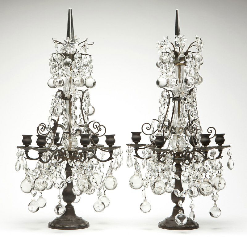 A pair of patinated metal and crystal girandoles (1 of 2)