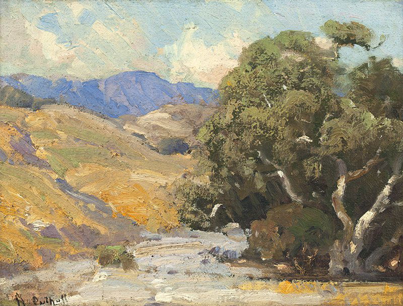 Hanson Duvall Puthuff (1875-1972 Corona Del Mar, CA): ''Sunlit Hills'', signed lower left: H. Puthuff, signed again, titled and dated verso: Dec. 1914, oil on canvas laid to board, 8'' H x 11'' W, est: $2000/3000 Provenance: Private Collection, Mesa, AZ