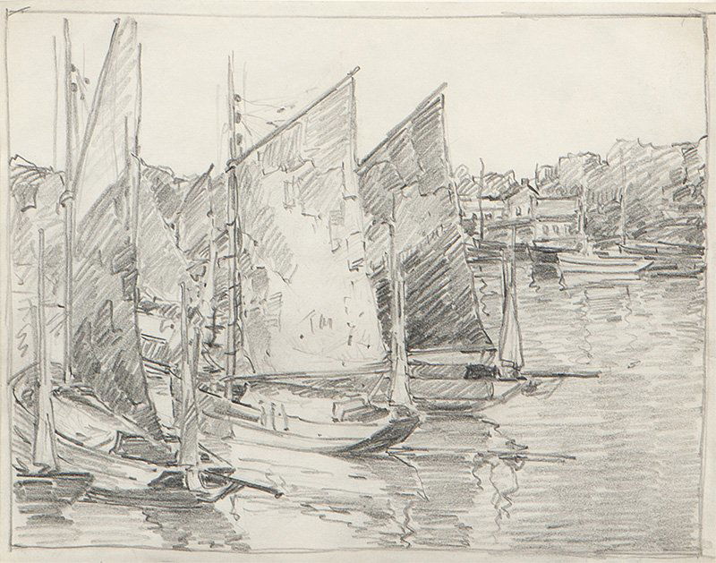 Edgar Alwin Payne (1883-1947 Hollywood, CA): ''Sailing Boats'', boats in a harbor, unsigned, titled on a gallery label affixed verso, graphite on paper under glass, paper size: 8.5'' H x 11'' W, est: $1000/1500 Provenance: Thomas Nygard Inc., Bo