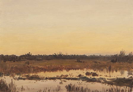 Lockwood de Forest (1850-1932 Santa Barbara, CA): ''Lagoon at Santa Barbara'', faintly signed with initials and dated lower left: LdeF / Oct. 1902, oil on paper, 9.75'' H x 14'' W, est: $1000/1500 Exhibited: Richard York Gallery, New York, NY, ''Lock