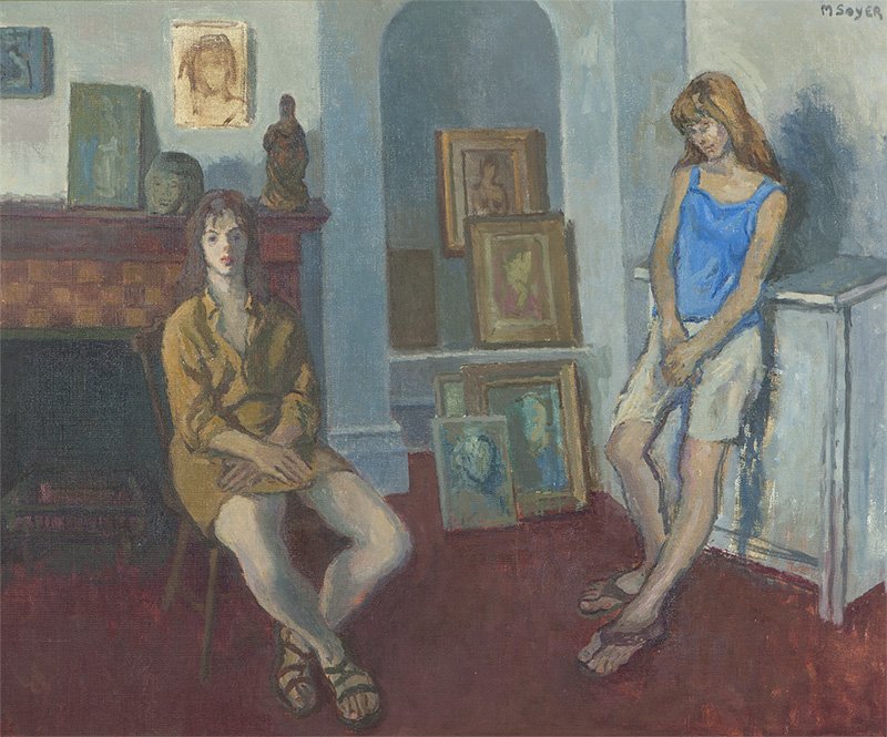 Moses Soyer (1899-1974 New York, NY): Two women in an art-filled interior, signed upper right: M. Soyer, oil on canvas, 25'' H x 30'' W, est: $3000/5000 Provenance: Private Collection, Los Angeles, CA