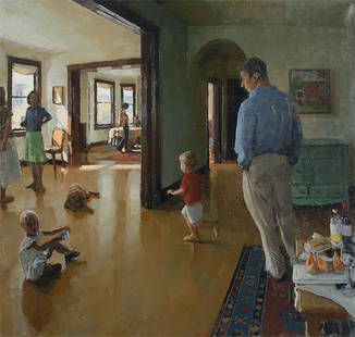 Philip Geiger (1956-* Alexandria, VA): ''House'', figures in an interior, signed lower center: Geiger, titled and dated on a gallery label affixed verso: 2002, oil on canvas, 38'' H x 40'' W, est: $2000/3000 Provenance: Hackett-Freedman Ga