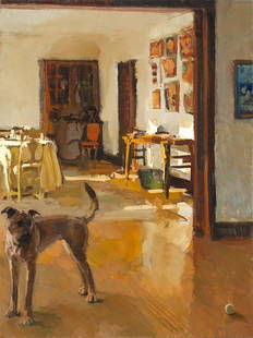 Philip Geiger (1956-* Alexandria, VA): ''4 p.m.'', dog in an interior, signed lower left: Geiger, signed again, titled and dated on a gum label affixed verso: 2001, oil on panel, 24'' H x 18'' W, est: $1000/2000 Provenance: Hackett-Freedma