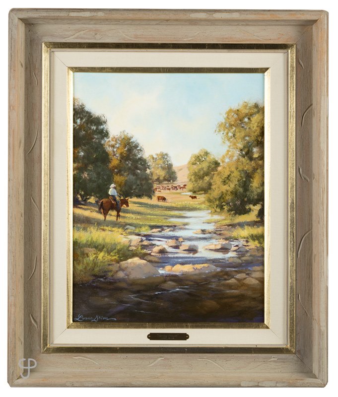 Lorna Dillon (1940-* California): ''Spring Creek'', cowboy looking over his stock near a creek, signed with copyright symbol lower left: Lorna Dillon, titled on a frame plaque, oil on canvas, 18'' H x 14'' W, est: $300/500 Provenance: