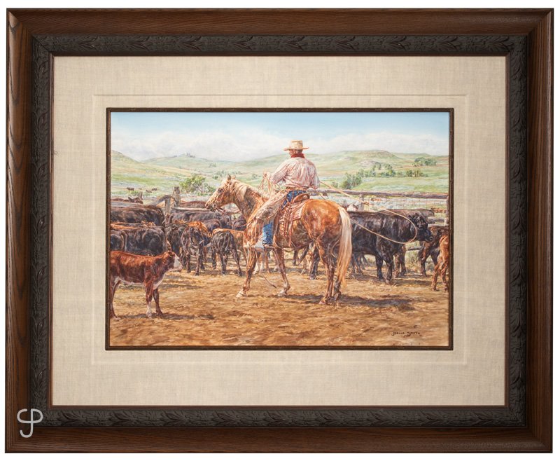 Joelle Smith (1958-2005 Alfalfa, OR): ''Looking for Heels'', cowboy cutting a rope, signed, dated and with copyright symbol lower right: Joelle Smith / 2004, and with the artist's device, signed and dated again, titled, numbered and inscr