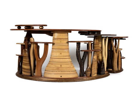 Steven Spiro (20th century- Madison, WI): ''Sculpture Garden Desk'', 2005, a hand-carved and inlaid desk and console, each with a stepped freeform top inlaid with a fossil, mother-of-pearl and various woods in abstract motifs and moon phases,