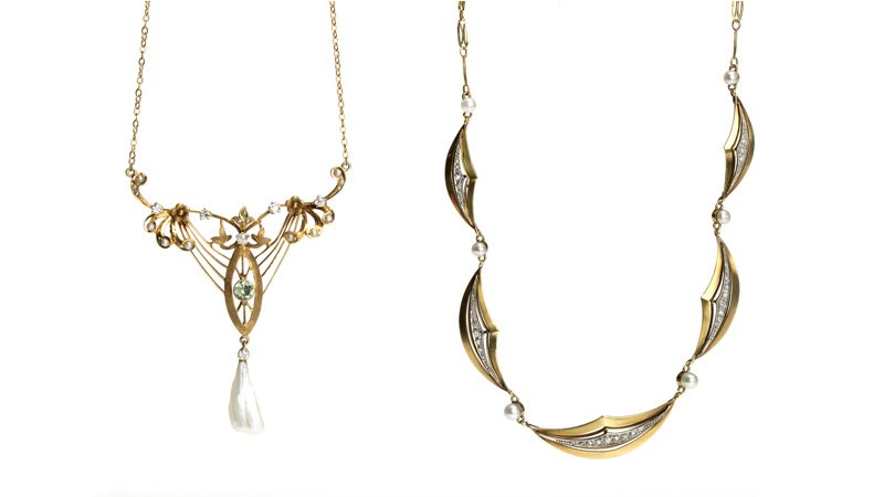 A group of two gold, diamond and pearl necklaces (1 of 2)