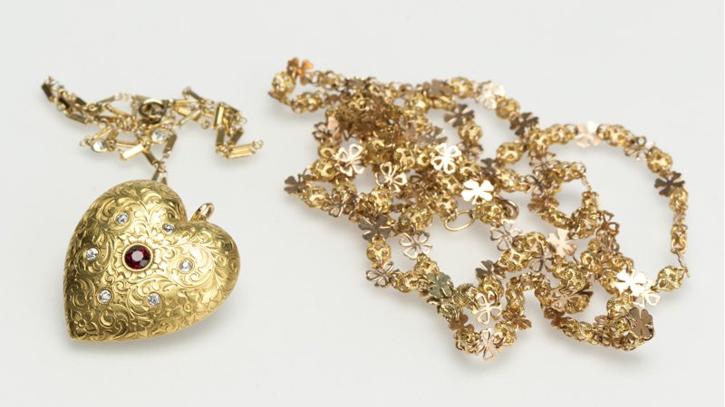 A gold heart pendant and two chains (1 of 2)