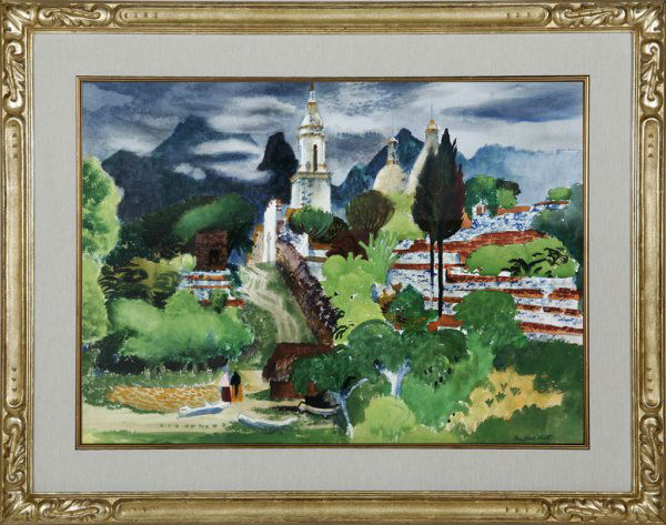Millard Sheets (1907-1989 ): figures on the road to church s l/r: Millard Sheets w/c on/p under glass sight: 21x29 est:$9000/12,000