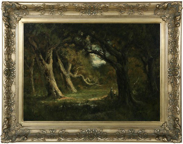 William Keith (1838-1911 ): two figures in wooded landscape s l/l: W. Keith o/b 18.75x26 est:$4000/6000 Provenance: Residence, San Marino, CA