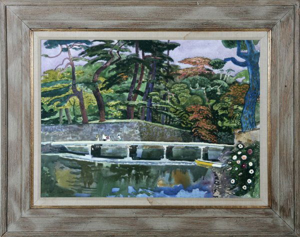 Millard Sheets (1907-1989 ): "#1 Bridge by the Old Castle, Matsue, Japan" s l/l & verso: Millard Sheets w/c on/p under glass sight: 21.5x29.5 est:$5000/7000 Note: Dalzell Hatfield Galleries label affixed verso