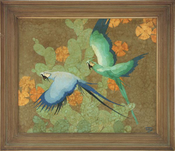 Stark Davis (1885-* ): parrots in flight s l/r: Stark Davis o/b 25x29 est:$2500/3500 Provenance: Residence, Long Beach, CA
