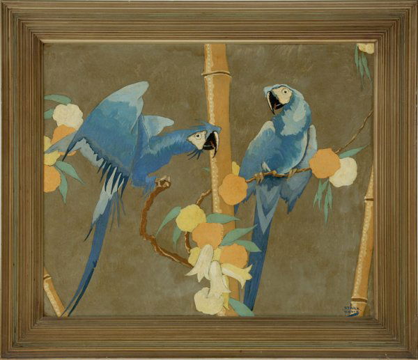 Stark Davis (1885-* ): parrots in bamboo s l/r: Stark Davis o/b 25x29 est:$2500/3500 Provenance: Residence, Long Beach, CA