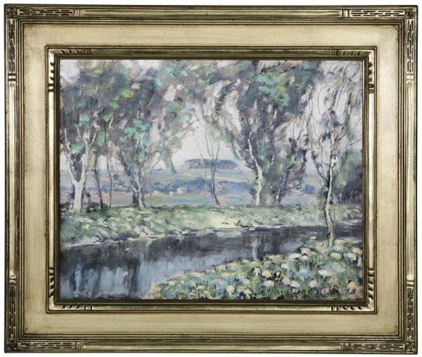 William Posey Silva (1859-1948 ): "Poppies on the Creek Bank (Near Fort Worth, TX)" s l/r: William P. Silva o/b 12x15 est:$3000/5000 Note: Gallery labels affixed verso: Kennedy Galleries, N.Y. & David Dike Fine Art, Dallas, TX Provena