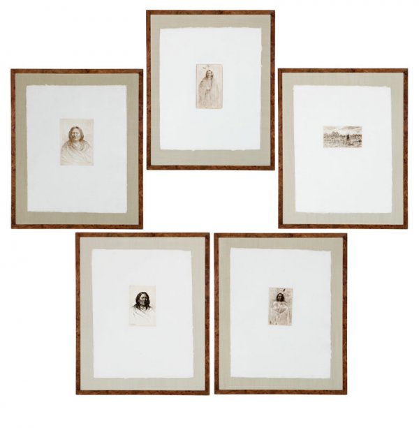Joseph Henry Sharp (1859-1953 ): American Indian (4 portraiture, 1 tepee) 4 of 5 signed in plate: J.H. Sharp drypoint etching on woven paper under glass sight: 3x4 + approx ea est:$2500/3500 Note: 5 pc.