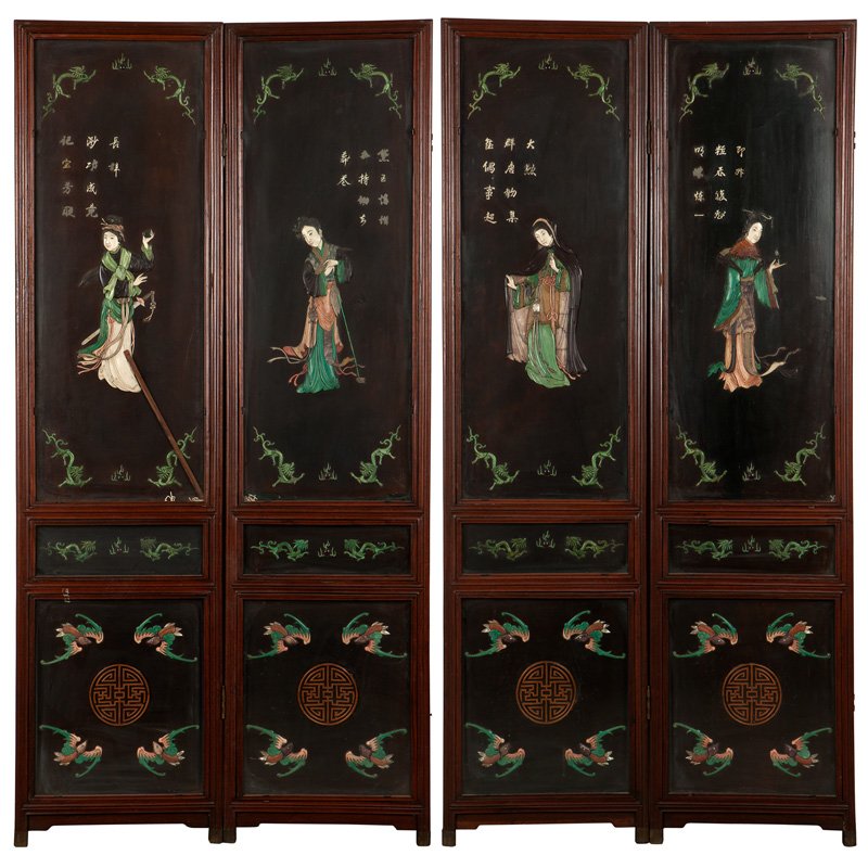 4 Chinese relief-decorated hardwood screen panels: Late 19th/early 20th century, two sets of two hinged panels, each set with one finished end, of rosewood construction, each panel faced with three glazed rectangular reserves enclosing figural scenes,