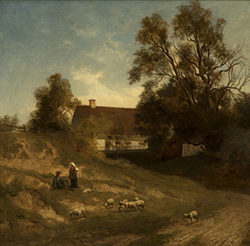 Manner of John Constable (1776-1837 British): Figures with sheep, unsigned, oil on canvas laid to canvas, 17'' H x 17.25'' W, est: $1000/1500 Provenance: Private Collection, San Marino, CA