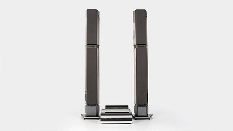 A Bang & Olufsen stereo system: Circa 1988, Denmark, comprising a Beogram 3500 CD player, a 5500 Master Control Panel, a Beomaster 5500 receiver, and two chromed Beolab Penta speaker towers, each tower marked ''Type No 6623 / 120V 5