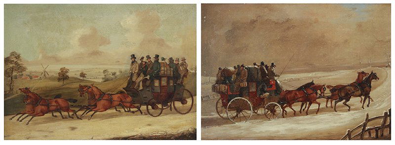 Attributed to Henry Thomas Alken, Sr. (1785-1851: Two works: ''The Manchester & London Coach'' and ''The Brighton-London Coach'', 19th Century English coaches loaded with passengers and luggage, each: unsigned, titled on a frame plaque, each: oil on