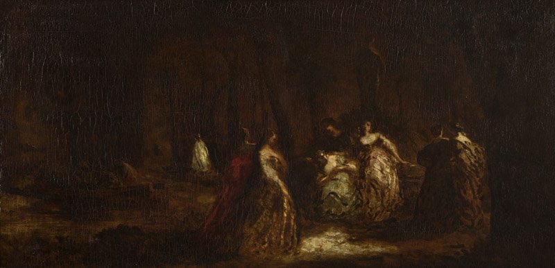 Adolphe Monticelli (1824-1886 French): Figures in a wooded landscape, appears unsigned, oil on wood panel, 20'' H x 40'' W, est: $1000/1500