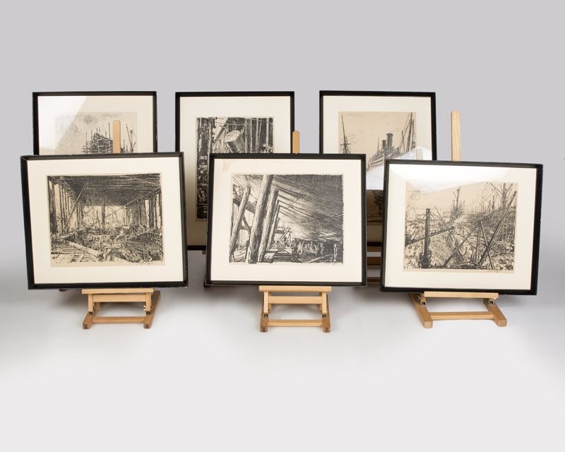 Sir Muirhead Bone (1876-1953 British): A group of six lithographs of a Scottish shipyard, ''Men Hoisting Container'', ''Building a Liner at Grennock, on the Clyde'', ''The Tyscania at Glasgow'', ''Ship Building at Glasgow'', Bird's-eye vie
