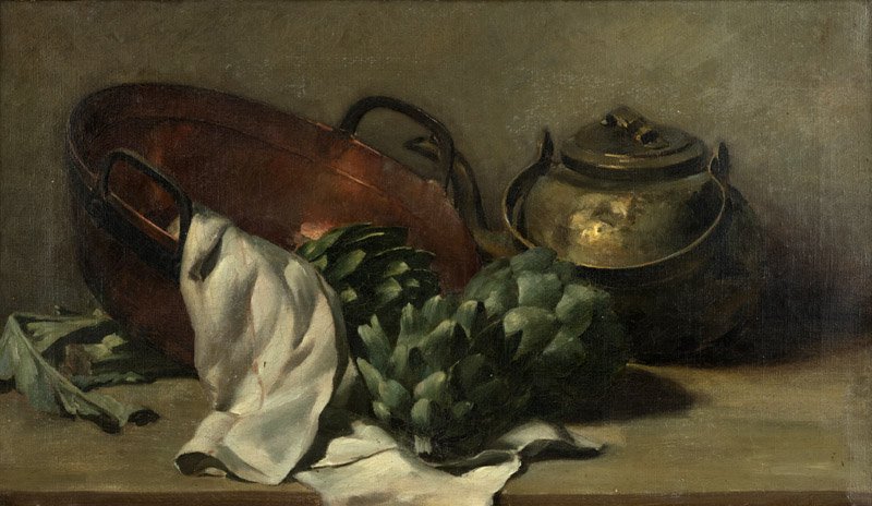 19th Century Continental School: Still life with copper bowl, teapot and artichokes, appears unsigned, oil on canvas, 17'' H x 29.5'' W, est: $500/700 Provenance: Private Collection, Santa Barbara, CA