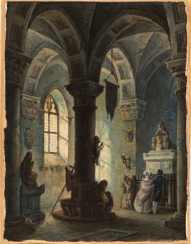 Samuel Prout (1783-1852 British): Interior of a vaulted chapel with figures, faintly signed lower left and lower right: S. Prout, signed again on the backing board verso, watercolor with oil highlights on paper laid to board under gla