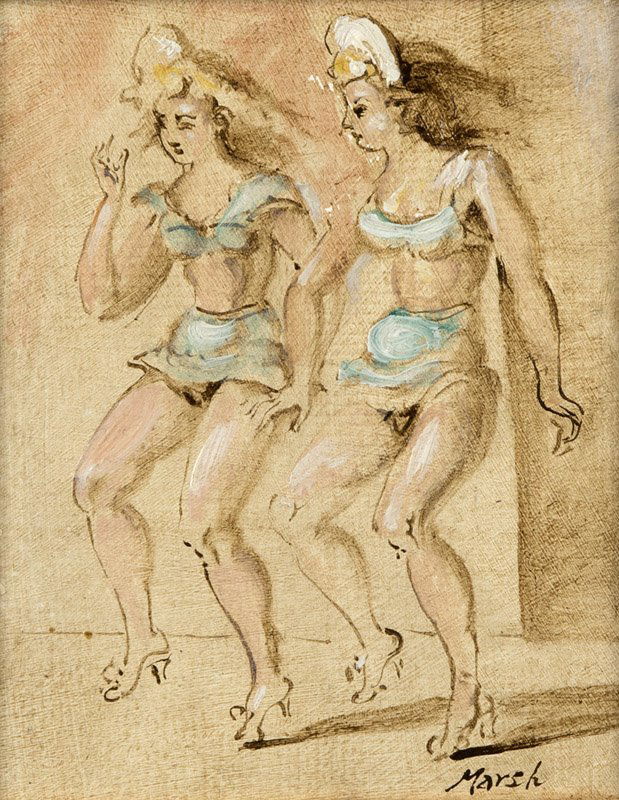 Reginald Marsh (1898-1954 New York, NY): Two burlesque dancers, signed lower right: Marsh, oil on masonite, 5'' H x 4'' W, est: $1500/2500 Provenance: Private Collection Altadena CA