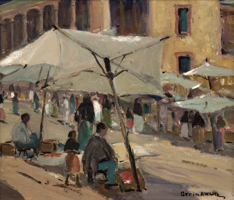 Orrin A. White (1883-1969 Pasadena,CA): Market scene with figures, signed lower right: Orrin A. White, oil on board, 11.75'' H x 13.75'' W, est: $800/1200