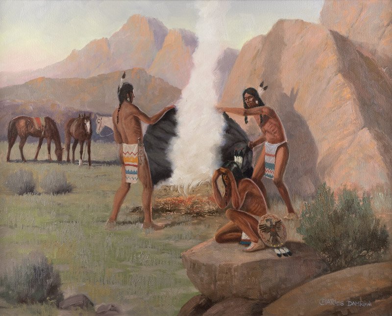 Charles Damrow (1916-1989 Oneida, WI): Three Indians in a camp, signed lower right: Charles Damrow, oil on canvas, 24'' H x 30'' W, est: $800/1200 Provenance: Private Collection, Bend, OR