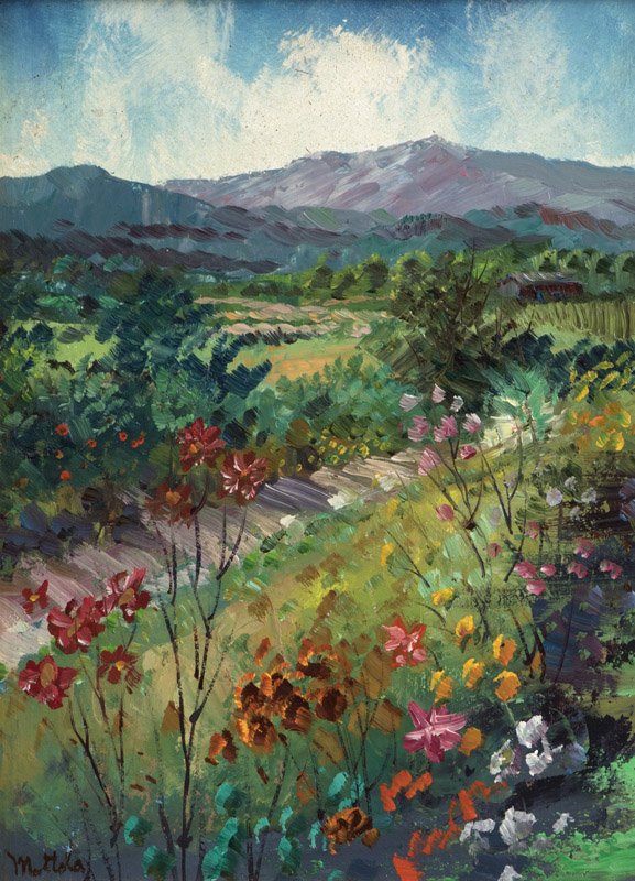 Filastro (Fil) Matthew Mottola (1915-2008 Laguna: Mountain landscape with blooming wildflowers, signed lower left: Mottola, oil on artist board, 16'' H x 12'' W, est: $300/500 Provenance: Private Collection, Laguna Woods, CA, acquired directly from t