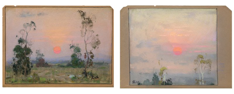 Theodore Lukits (1897-1992 Los Angeles, CA): Two works of a sunset in a eucalyptus landscape, signed lower right and left: Lukits, each: unframed oil pastel on paper, the first: image size: 11'' H x 15.5'' W; the second: image size: 11'' H x 12.
