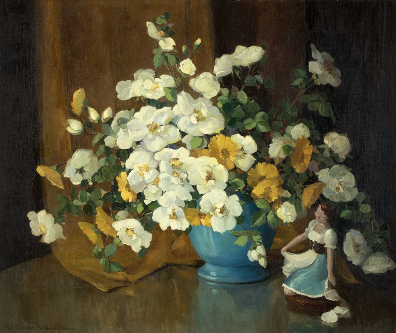 Nell Walker Warner (1891-1970 Carmel, CA): Still life of a floral arrangement, signed lower left: Nell Walker Warner, oil on canvas laid to canvas, 30'' H x 36'' W, est: $1000/1500 Provenance: Private Collection, Santa Barbara, CA