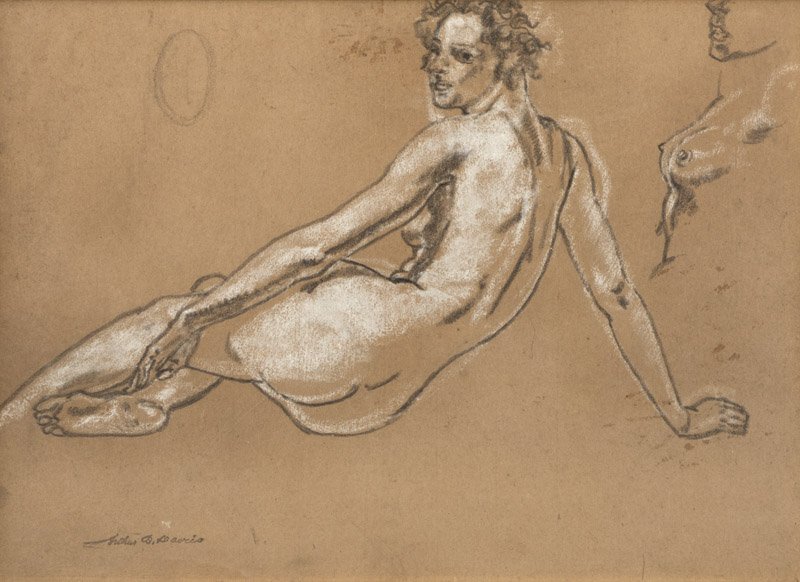 Arthur Bowen Davies (1862-1928 New York, NY): Study of a reclining female nude with detail side drawing, stamped signature lower left: Arthur B. Davies, charcoal and crayon on board under glass, sight size: 12.5'' H x 17.5'' W, est: $300/500 Note