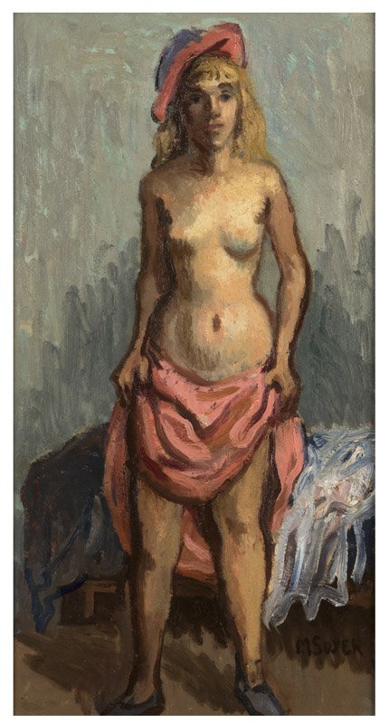 Moses Soyer (1899-1974 New York, NY): Standing female nude, signed lower right: M. Soyer, oil on masonite, 22.25'' H x 12'' W, est: $1000/2000 Provenance: Private Collection, Los Angeles, CA