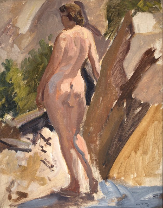 Myron Nutting (1890-1972 Los Angeles, CA): Nude woman outdoors, signed and dated lower left: Nutting '33, oil on board, 30'' H x 24'' W, est: $400/600 Provenance: Private Collection, Covina, CA