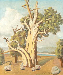 Ralph Holmes (1876-1963 San Luis Obispo, CA): Tree in a landscape, signed lower right: Ralph Holmes, oil on masonite, 28'' H x 24'' W, est: $800/1200 Provenance: Private Collection, Los Angeles, CA