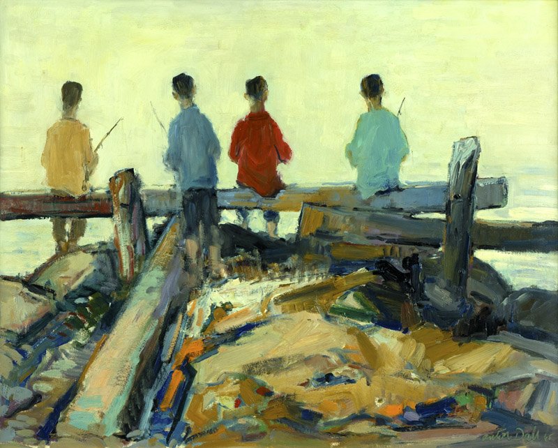 Anton H. Dahl (1897-1967 Santa Cruz, CA): ''Boys Fishing'', signature and date incised lower right: Anton Dahl '65, signed again and titled verso, oil on masonite, 24'' H x 30'' W, est: $300/500