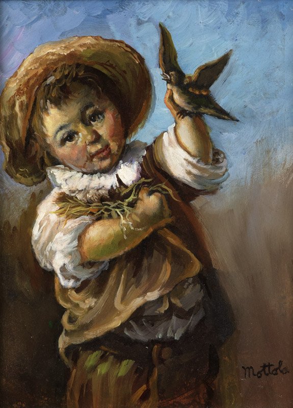 Filastro (Fil) Matthew Mottola (1915-2008 Laguna: Little boy holding a bird, signed lower right: Mottola, signed again, inscribed and dated on gum label affixed verso: After Jean Batiste. Painted in Los Angeles Museum. 11/81/2, oil on paper laid to m