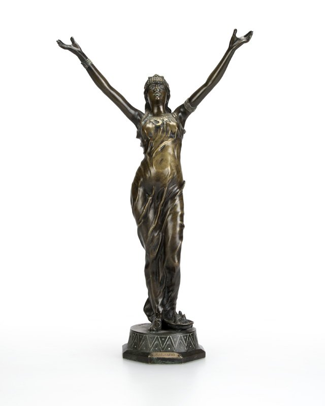 Jean Garnier (1853-1910 French): ''Salammbo'', a patinated bronze sculpture of a female figure standing with arms outstretched, atop an integral octagonal base, incised signature to base: J. Garnier, titled to applied plaque: Salambo