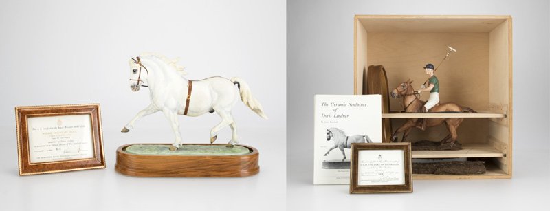 Two Royal Worcester porcelain equestrian groups: Circa 1960s, modeled by Doris Lindner, each with maker's marks, dated and titled to underside, each with fitted wooden base, COA, and ''The Ceramic Sculpture of Doris Lindner'' pamphlet, the first: ''