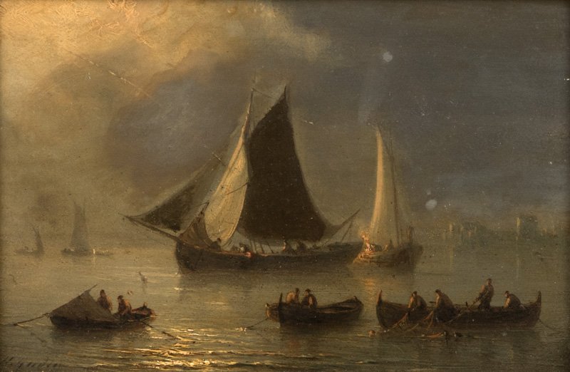 Herminie Henriette Gudin (1825-1876 French): Fishing boats, signed lower left: H. Gudin, oil on wood panel, 5.5'' H x 8.25'' W, est: $1000/2000 Provenance: Private Collection, Laguna Beach, CA