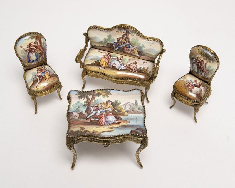 A suite of miniature enameled brass furniture (1 of 4)