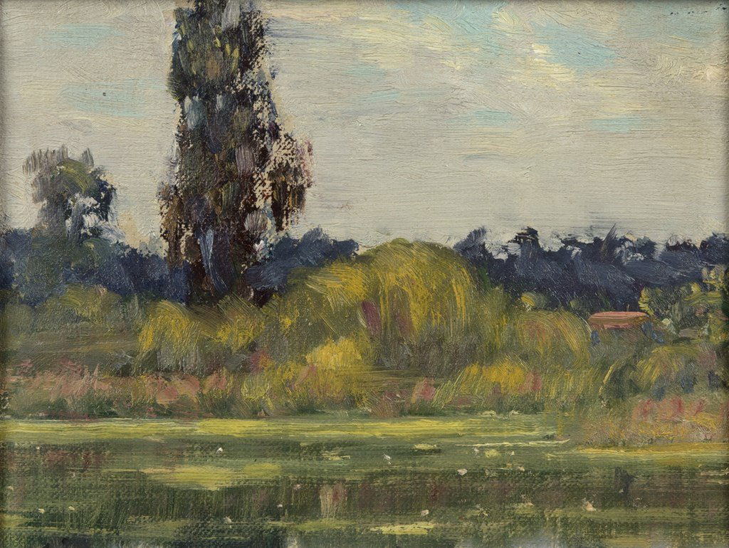 William Posey Silva (1859-1948 Carmel, CA): ''Lake Del Monte'', unsigned, signed authentication by the artist's son verso, titled on the authentication verso, oil on canvasboard, 6'' H x 8'' W, est: $1000/1500 Provenance: Estate, San Marino, CA