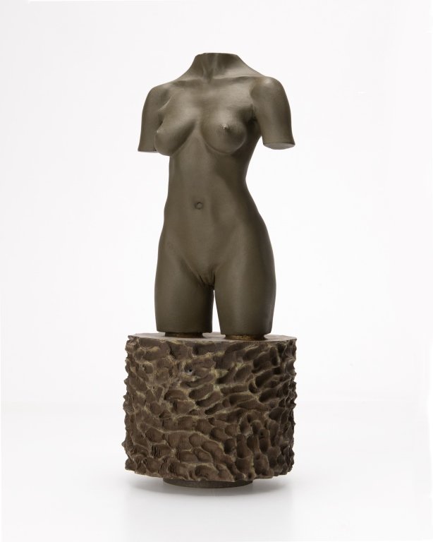 Robert Graham (1938-2008 Venice, CA): ''MOCA Torso'', a patinated bronze sculpture of a female torso, raised on a textured cylindrical base, inscribed to base: R. Graham, further inscribed: Juan / Block, overall: 11.125'' H x 4.5'' Dia.,