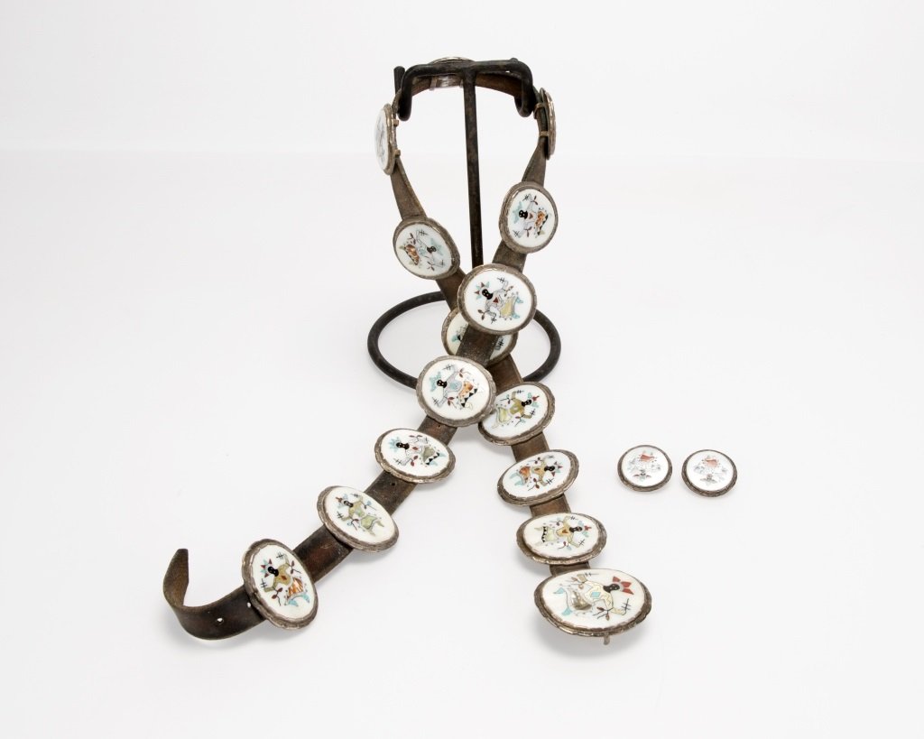 A silver and stone-inlaid figural concho belt & (1 of 5)