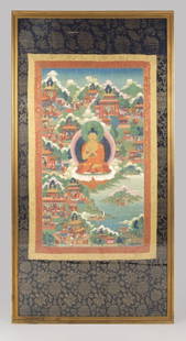 18th Century Sino-Tibetan style Thangka, Buddha: Depicting the lord Buddha surrounded by scenes from the former Buddha's lives, gouache and gold paint on canvas, painted image size: 40'' H x 23.5'' W, silk fabric frame size: 67.5'' H x 34.5'' W, est